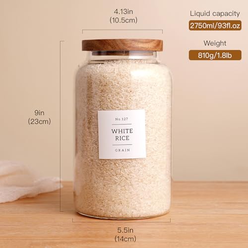 Set of 2 Large Glass Jar with Airtight Acacia Lid and 132 Kitchen Pantry Labels (2 Count)
