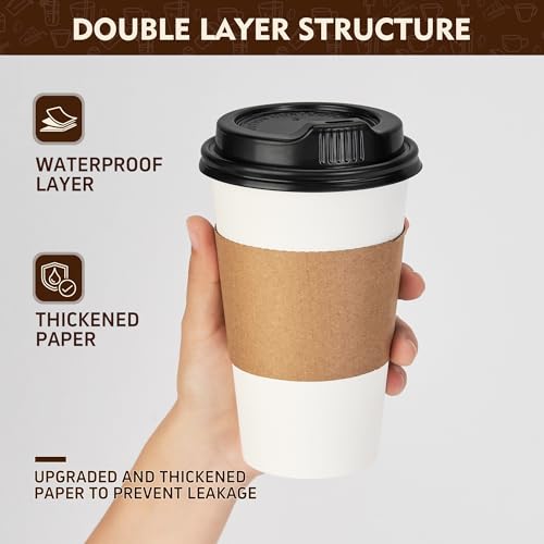 16 oz 100 Pack Disposable Coffee Cups with Lids & Sleeves (100 Count)