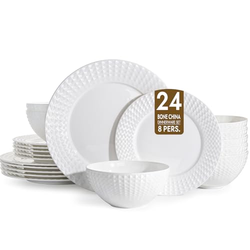 24Pc Rhombus Edge White Bone China Set