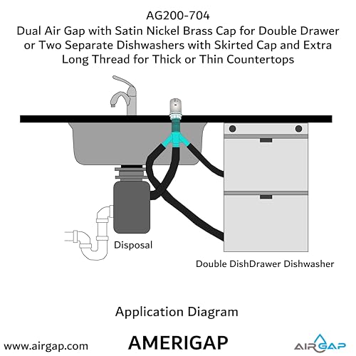 Dual Air Gap with Satin Nickel Brass Cap for Double Drawer or Two Separate Dishwashers with Skirted Cap and Extra Long Thread for Thick or Thin Countertops