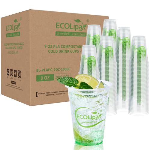 1000 Count 9 OZ Clear Compostable Plastic Cups for Restaurant