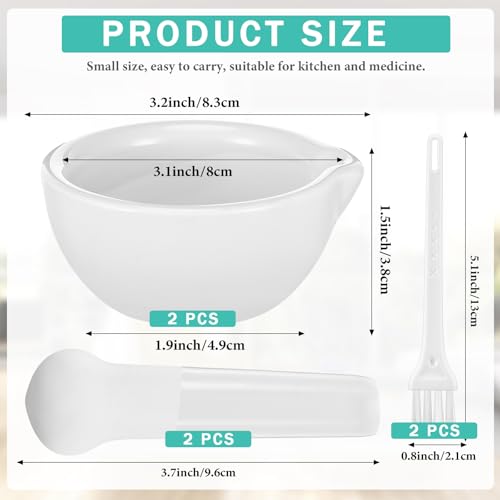 2 Sets Mini Porcelain Mortar and Pestle Set Porcelain Herb Grinder Crusher Grinding Bowl Kitchen Mixing Grinding Bowl with 2 Pieces Brushes for Seasonings (4 Count)