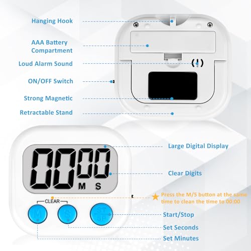 Digital Kitchen Classroom Timers for Kids Cooking 6pcs Wht Blu Grn (6 Count)