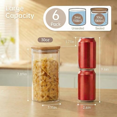 Square Glass Jars with Bamboo Lids 30 FL OZ [Set of 6] (6 Count)