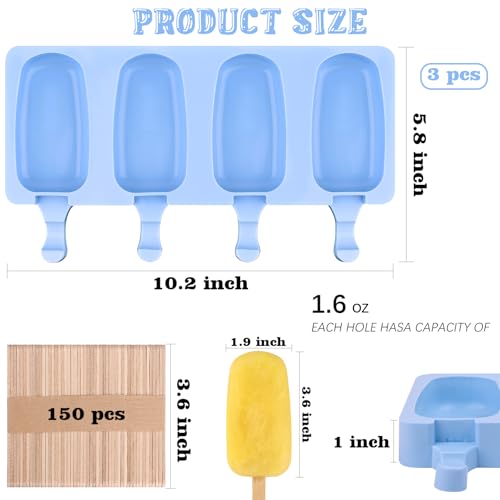 3 Pack Large Silicone Popsicle Molds with 150 Pcs Wooden Sticks (3 Count)
