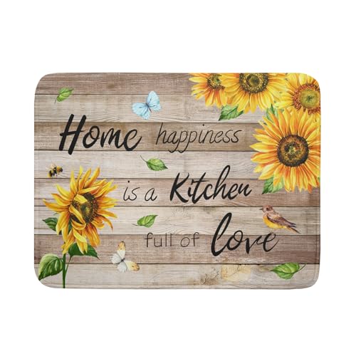 Sunflower Floral Dish Drying Mat for Kitchen Countertop 18x24 inch Rustic Wood Washable Microfiber Absorbent Dishes Drainer Rack Pad