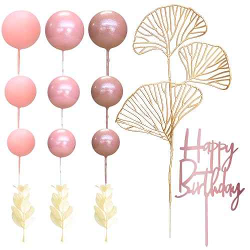 57Pcs Balls Cake Topper Boho Grass Cake topper Pearl Balls Acrylic Happy Birthday Cake Decorations for Wedding Baby Shower Birthday Boho Themed Party Supplies Rose Gold Pink (57 Count)