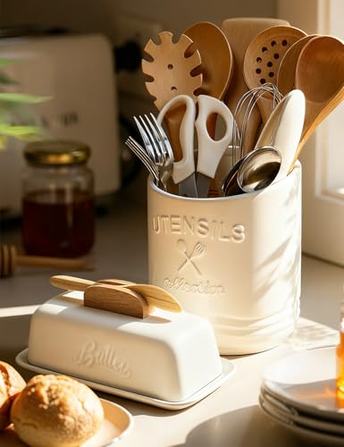 Butter Dish with Lid and Knife Ceramic Butter Holder for Counter Humanized Clamp