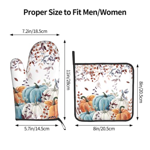 Fall Orange Pumpkin Oven Mitt Potholders Sets Eucalyptus Leaves Heat Resistant Oven Glove Set of 2 Kitchen Hot Pads for Cooking Baking BBQ