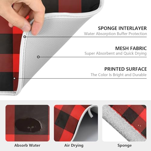 Christmas Red Black Buffalo Plaid Dish Drying Mat for Kitchen Counter Absorbent Microfiber Small Drying Pad Dish Mats for Kitchen Countertops 16 x 18 Inch