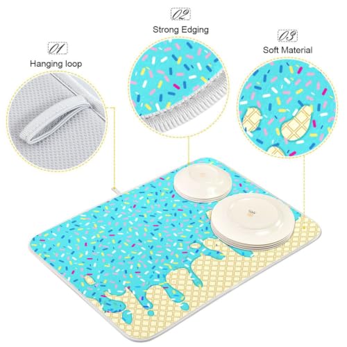 Teal Blue Ice Cream Dish Drying Mat for Kitchen Counter Absorbent Microfiber Drying Pad