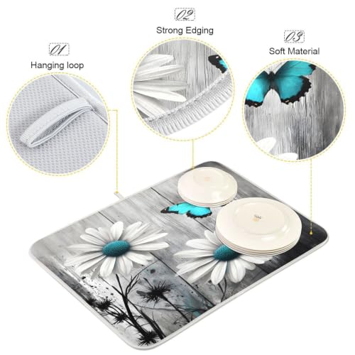 Daisy Flower Teal Butterfly Dish Drying Mat for Kitchen Counter Absorbent Microfiber Drying Pad