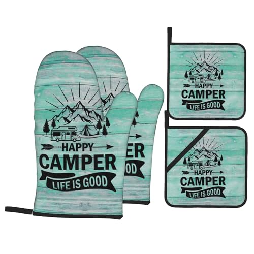 Happy Camper Oven Mitts and Pot Holders Sets of 4