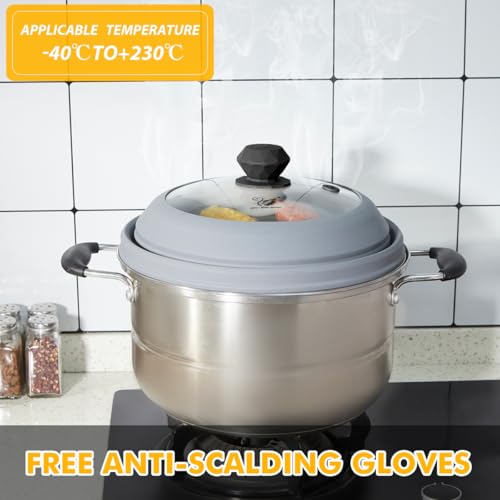 Microwave Splatter Cover Vented Glass Splatter Guard Lid with Collapsible Silicone for Food as Pot Cover 11.8 inch Large Plate for 6 7 8 9 10 11 inch Plate Bowl Light Grey