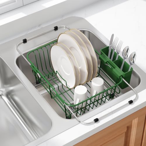 Green Dish Drying Rack in Sink with Utensil Holder