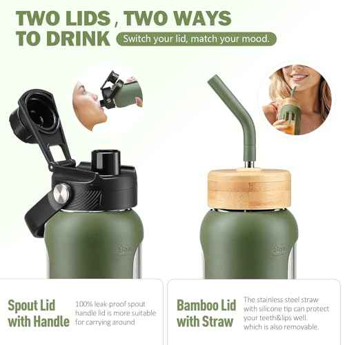 24 oz Glass Water Bottle with Straw and 2 Lids