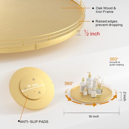 16 Inch Oak Lazy Susan Organizer with Gold Metal Rail