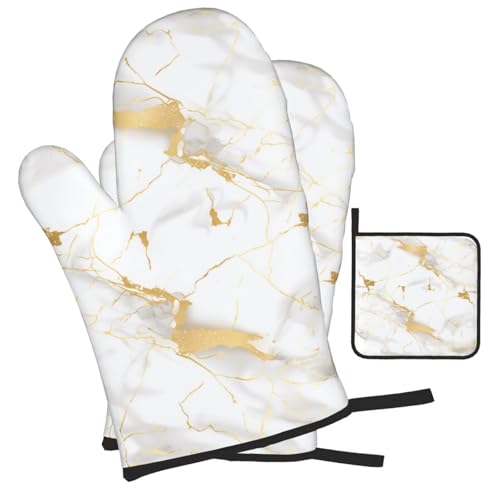 White Gold Marble Oven Mitts and Pot Holders Sets of 3 Heat Resistant Oven Gloves Hot Pads Non (4.33 Count)