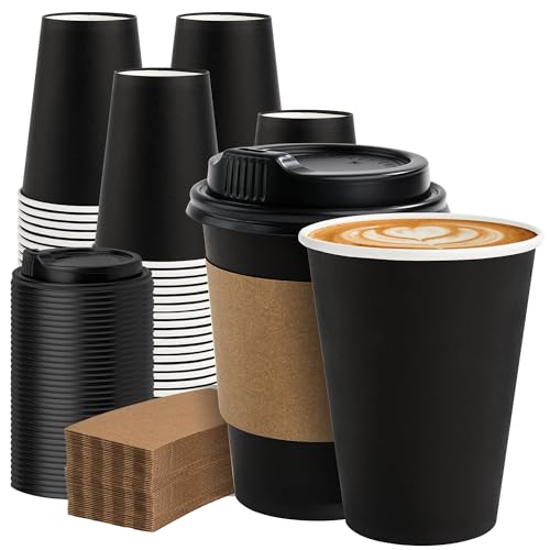 100 Pack 12 oz Disposable Coffee Cups with Lids and Sleeves (100 Count)