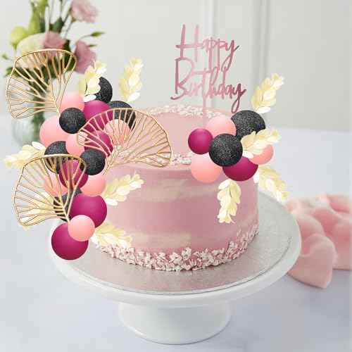 57Pcs Balls Cake Topper Boho Grass Cake topper Pearl Balls Acrylic Happy Birthday Cake Decorations for Wedding Baby Shower Birthday Boho Themed Party Supplies Black Pink Rose Red (57 Count)