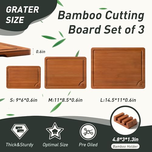 3 Packs Bamboo Cutting Board Set with Non Slip Feet Holder and Over Sink Nice Solid Thick Wood Juice Groove Chopping Board Extra Large Big Small Best Hardwood Kitchen Organic Vegetable Meat BBQ Kit (3 Count)
