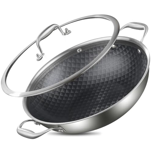 13 Inch Stainless Steel Nonstick Wok Pan with Lid 5.5Qt Pot
