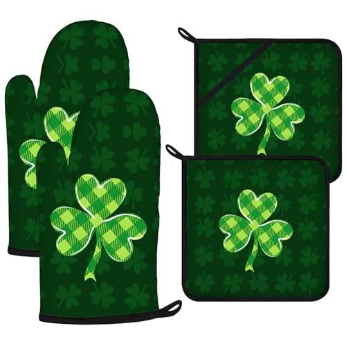 Green Clover Oven Mitts and Pot Holders Sets 4Pcs