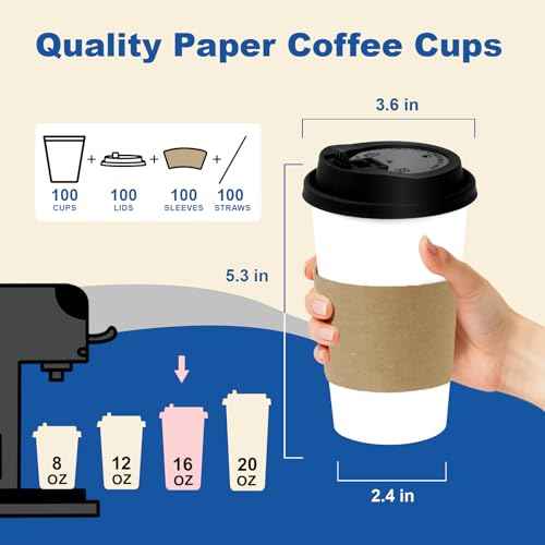 16 oz 100 Pack Coffee Cups with Lids and Sleeves (100 Count)
