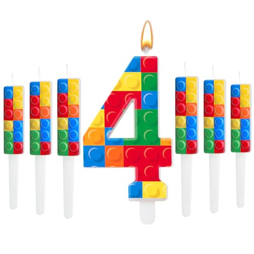 7 Pcs Building Block Themed Birthday Candles Set Building Blocks Number 4 Candle Cake Topper for Building Block Party Decoration Supplies (7 Count)