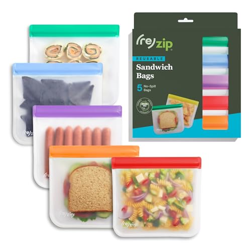 re) zip Reusable Sandwich Bags, Leakproof, 28 oz, 5-Pack, Jewel Tones (5 Count)