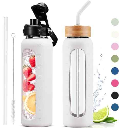 32 oz Glass Water Bottle with Straw and 2 Lids