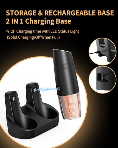 Gravity Electric Salt and Pepper Grinder Set Automatic Shakers Upgraded Pepper Mill with Rechargeable Base (2 Count)