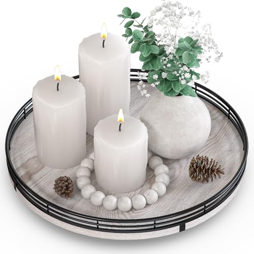 12 Inch Whitewashed Farmhouse Lazy Susan Tray with Black Metal Frame