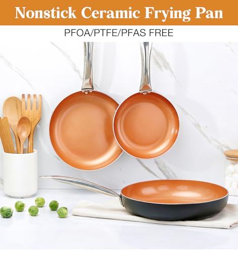 10in Copper Nonstick Frying Pans with Lids and Titanium Ceramic Interior