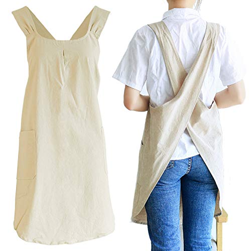 Japanese Linen Cross Back Kitchen Cooking Aprons for Women with Pockets Cute for Baking Painting Gardening Cleaning Khaki