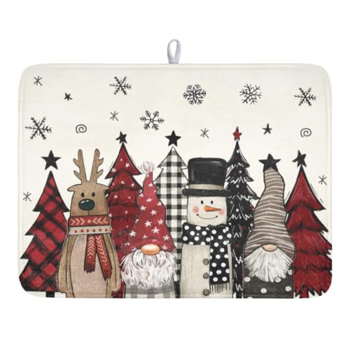 Winter Snowman Gnome Dish Drying Mat Xmas Tree Dishes Pad 18"x24" Microfiber Fast Dry Dish Drainer Rack Mats Kitchen Countertop Accessories