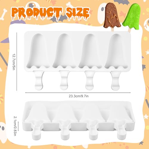 Halloween Ghost Shaped Mold Large 4 Cavity Reusable Silicone Cakesicle Cake Pop Ice Cream Mold for Halloween Adults Homemade Ice Cream Chocolate Candy DIY Trick Dessert Decorating