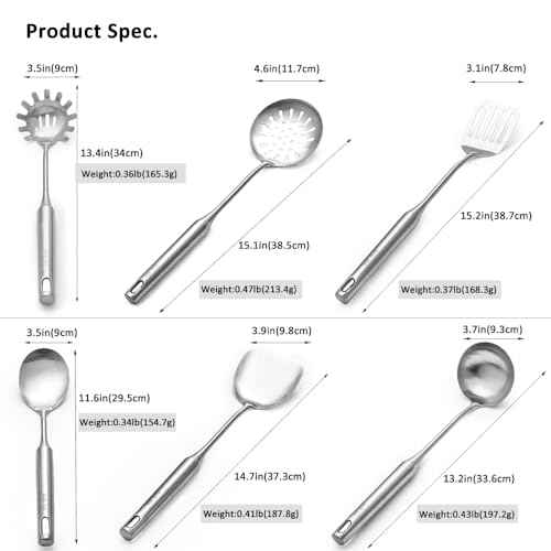 18 10 Stainless Steel Cooking Utensils Set 6 Pcs Metal Long Handle Kitchen Utensil