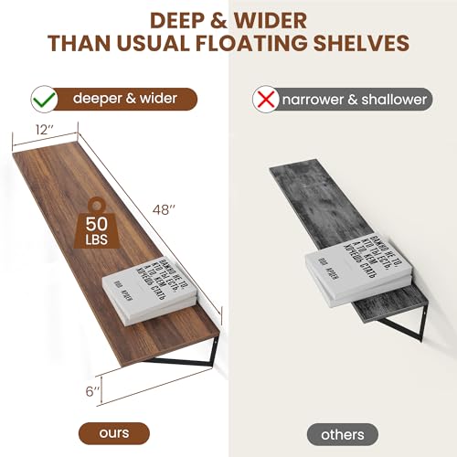 48W x 12D Deep Floating Shelves Set of 2 Walnut
