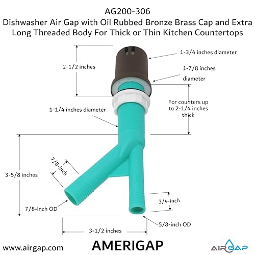 Dishwasher Air Gap with Skirted Oil Rubbed Bronze Brass Cap and Extra Long Threaded Body for Thick or Thin Kitchen Countertops