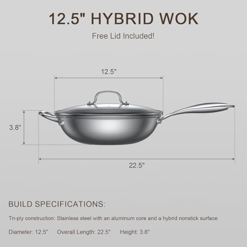 12.5 Inch Hybrid Stainless Steel Wok Pan with Lid
