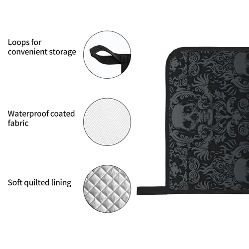 Victorian Gothic Black Skull Damask Oven Mitts and Pot Holders Sets of 4