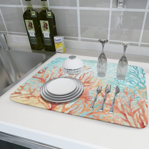 Coastal Coral Dish Drying Mat Beach Ocean Drainer Rack Mat 18x24 Inch Microfiber Absorbent Reversible Dish Dry Pad for Kitchen Counter Sink
