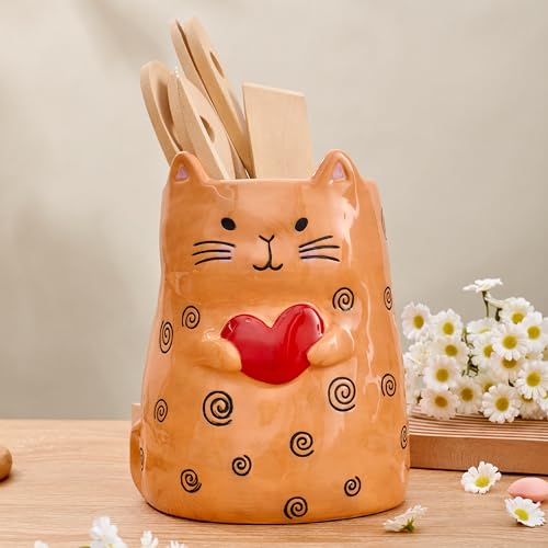 Cartoon Cat Handpainted Stoneware Orange 7.8 inch Utensil Holder