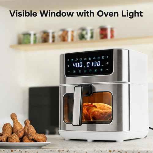 8-in-1 Air Fryer 6.34 Qt, Digital Preset Airfryer with Visible Window, Nonstick and Dishwasher-Safe Basket, Air Fry, Chicken, Pizza, Dehydrate, Fries, 90-Min Timer, 1700W, White