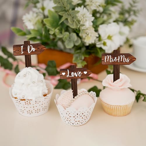 Rustic Wedding Cake Decoration Set Just Married Cake Topper & 12 PCS Wedding Cupcake Toppers in Wood
