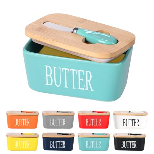 Ceramic Butter Dish with Bamboo Lid and Stainless Steel Knife Spreader