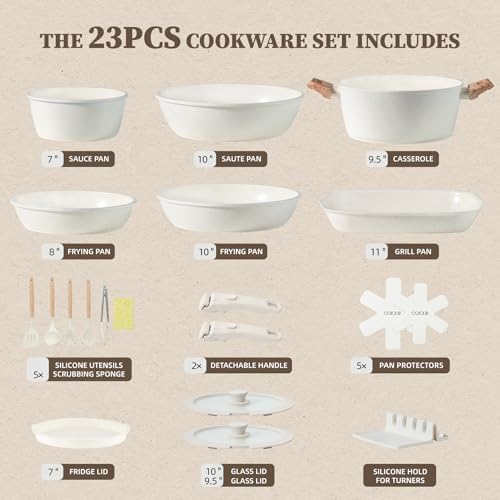 23Pcs Ceramic Cookware Set Non Stick Pots and Pans Set Non Toxic with Detachable Handle Induction Kitchen Cookware Set Space Saving