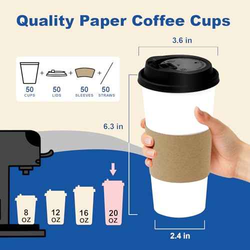 20 oz 50 Pack Coffee Cups with Lids and Sleeves (50 Count)