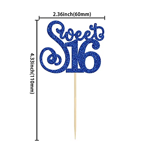 24 Pack 16th Birthday Cupcake Toppers Glitter Sixteen Happy Sweet 16 Cupcake Picks Cheers to 16 Years Old Cupcake Decorations for 16th Birthday Anniversary Party Cake Decorations Supplies Blue (24 Count)